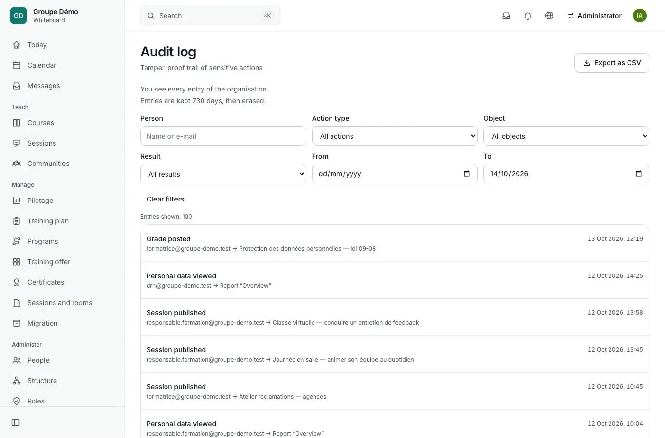 Audit log: grades posted, sessions published, individual data viewed, with author and target.