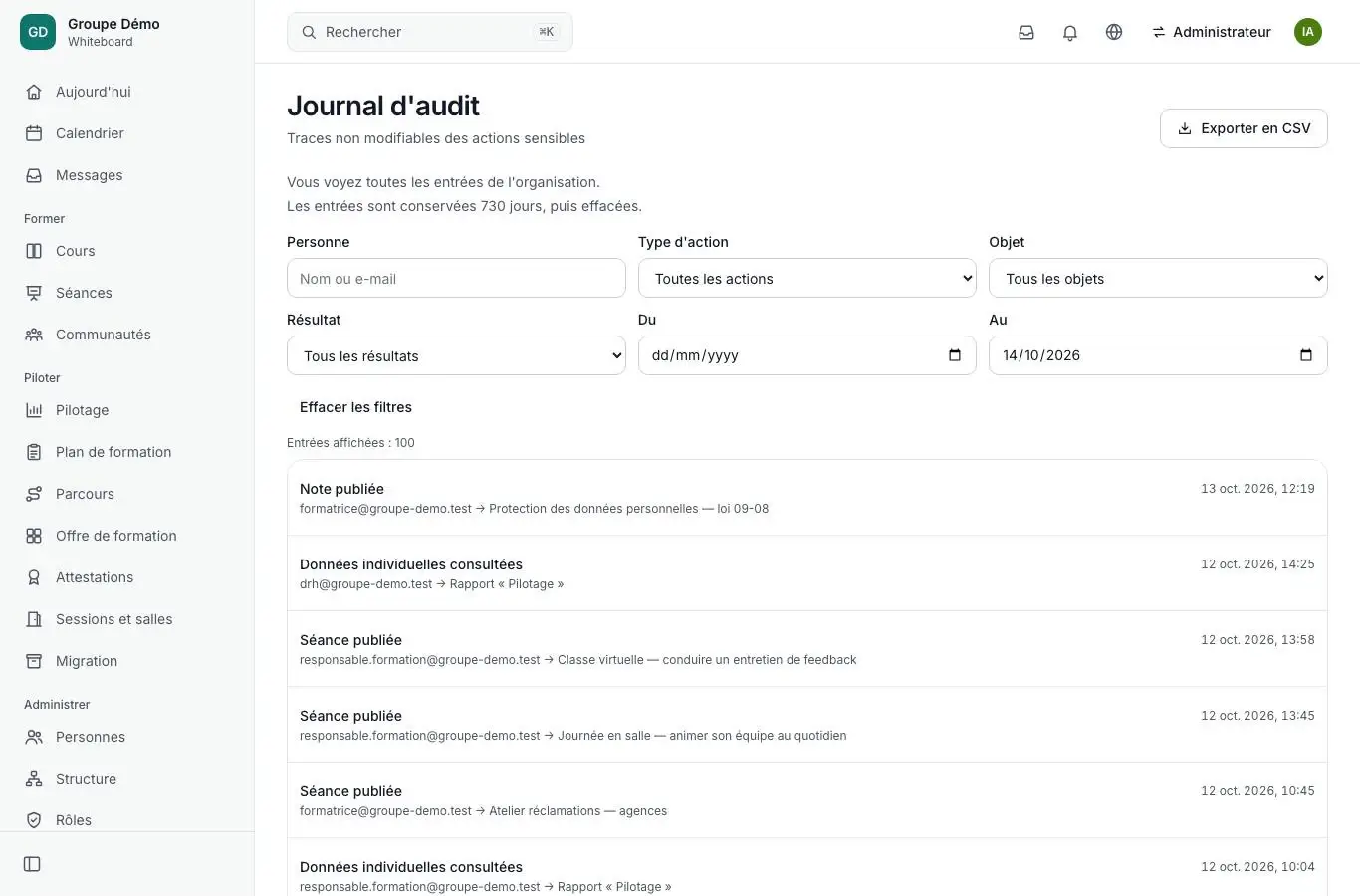 Journal d'audit : notes publiées, séances publiées, consultations de données individuelles, avec auteur et cible.