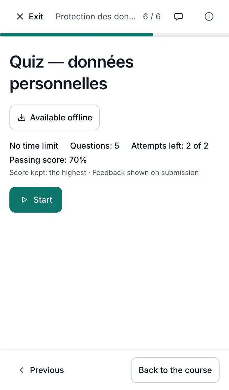 The player on a phone: a quiz, its rules shown before it starts.