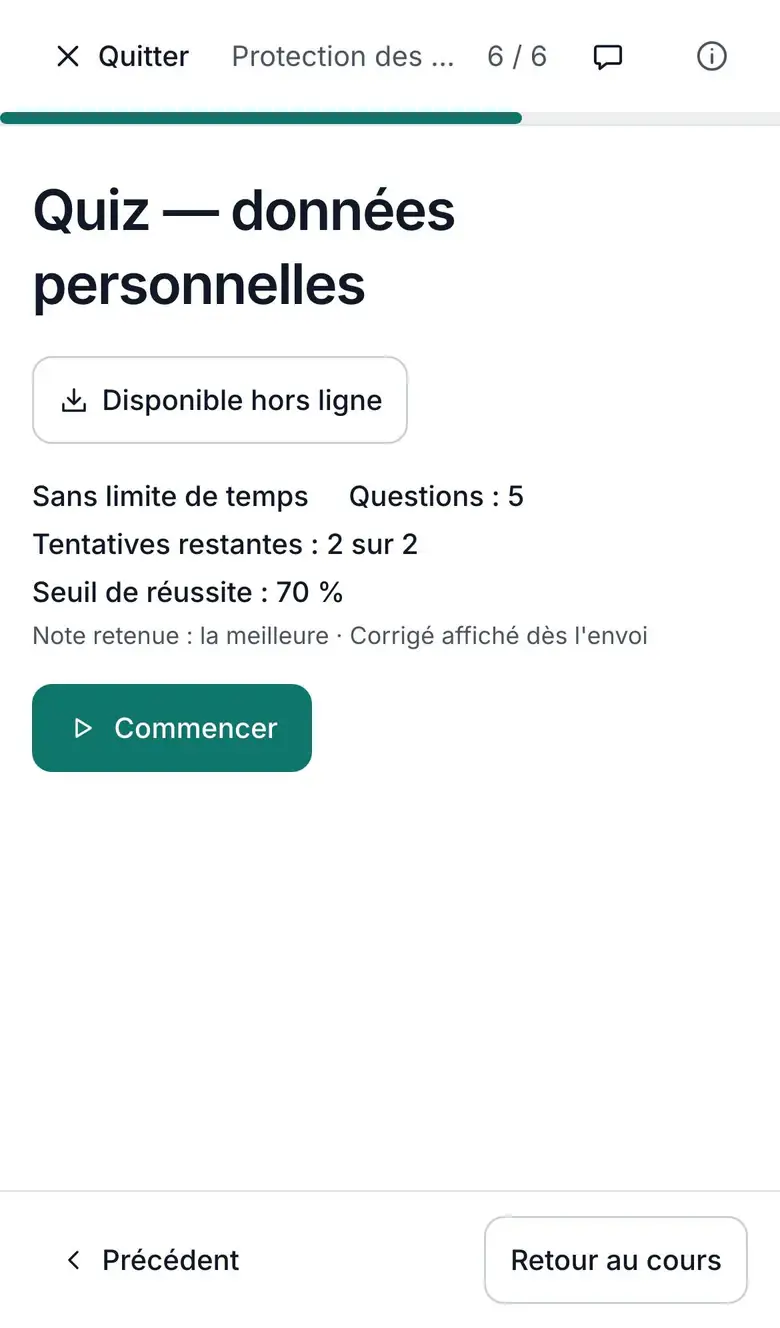 Le lecteur sur téléphone : un quiz, ses règles annoncées avant de commencer.