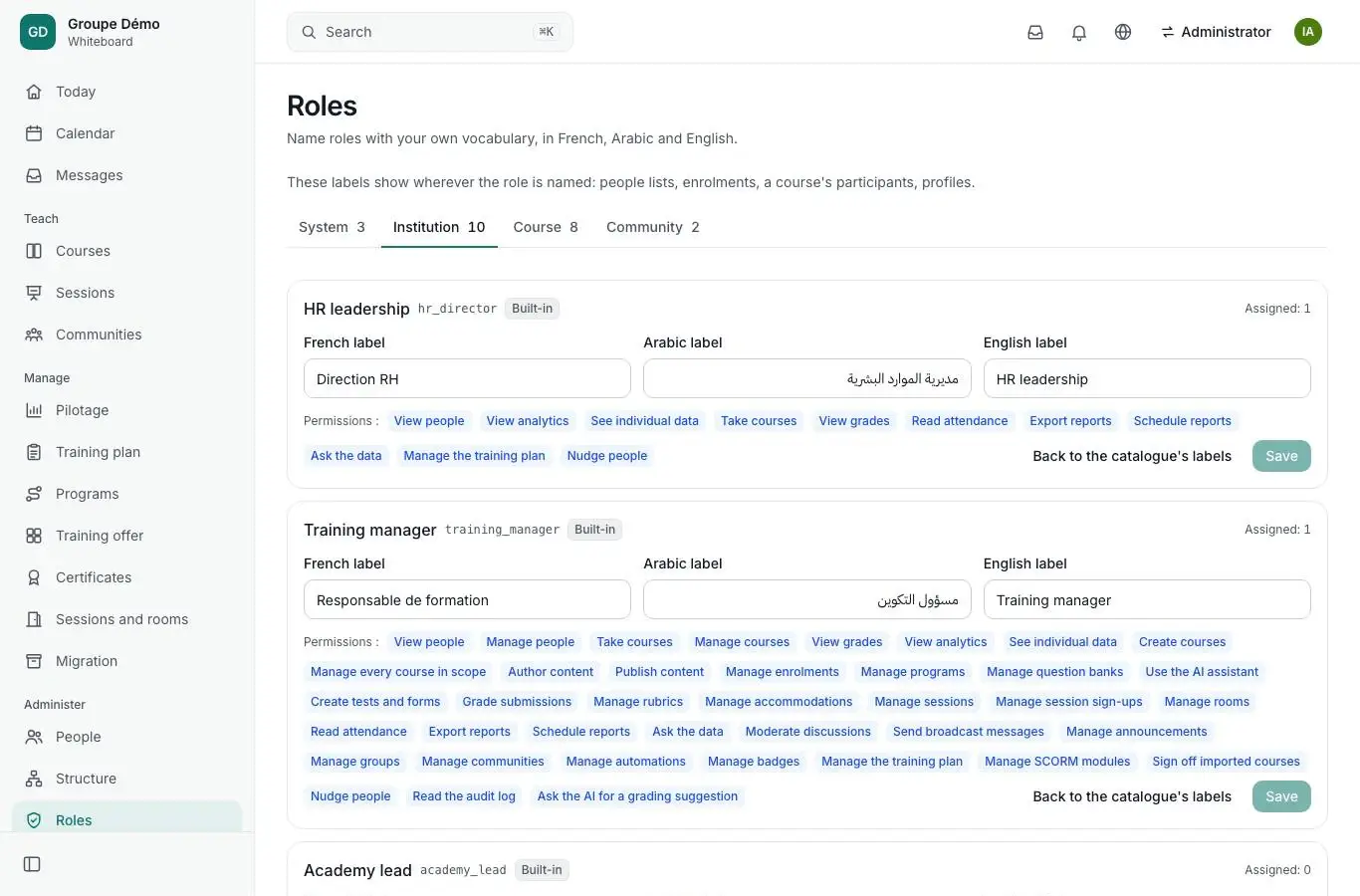 The Roles screen: each role has a label in French, Arabic and English, chosen by the organisation.
