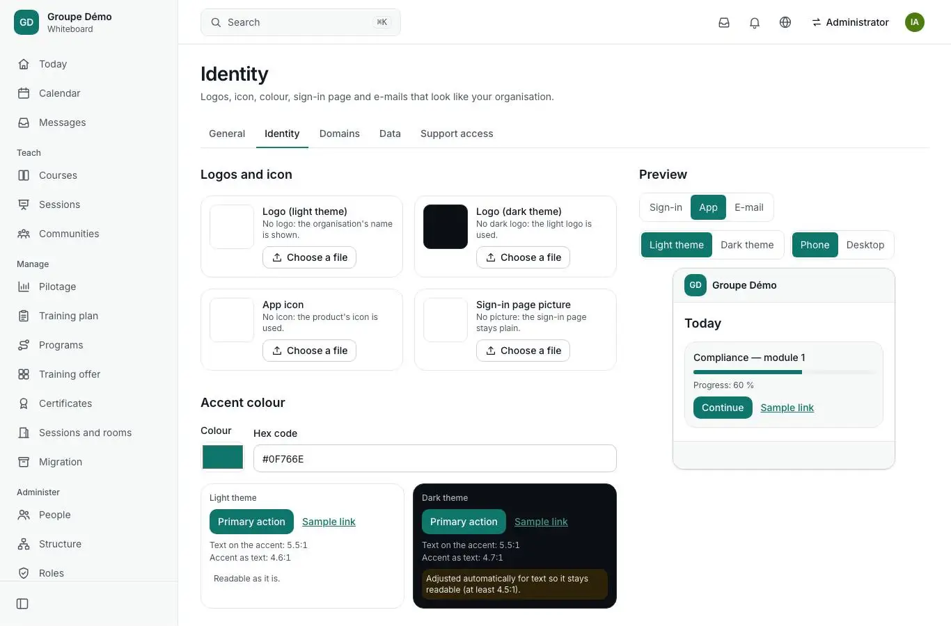 Settings screen: organisation identity, logo and accent colour.
