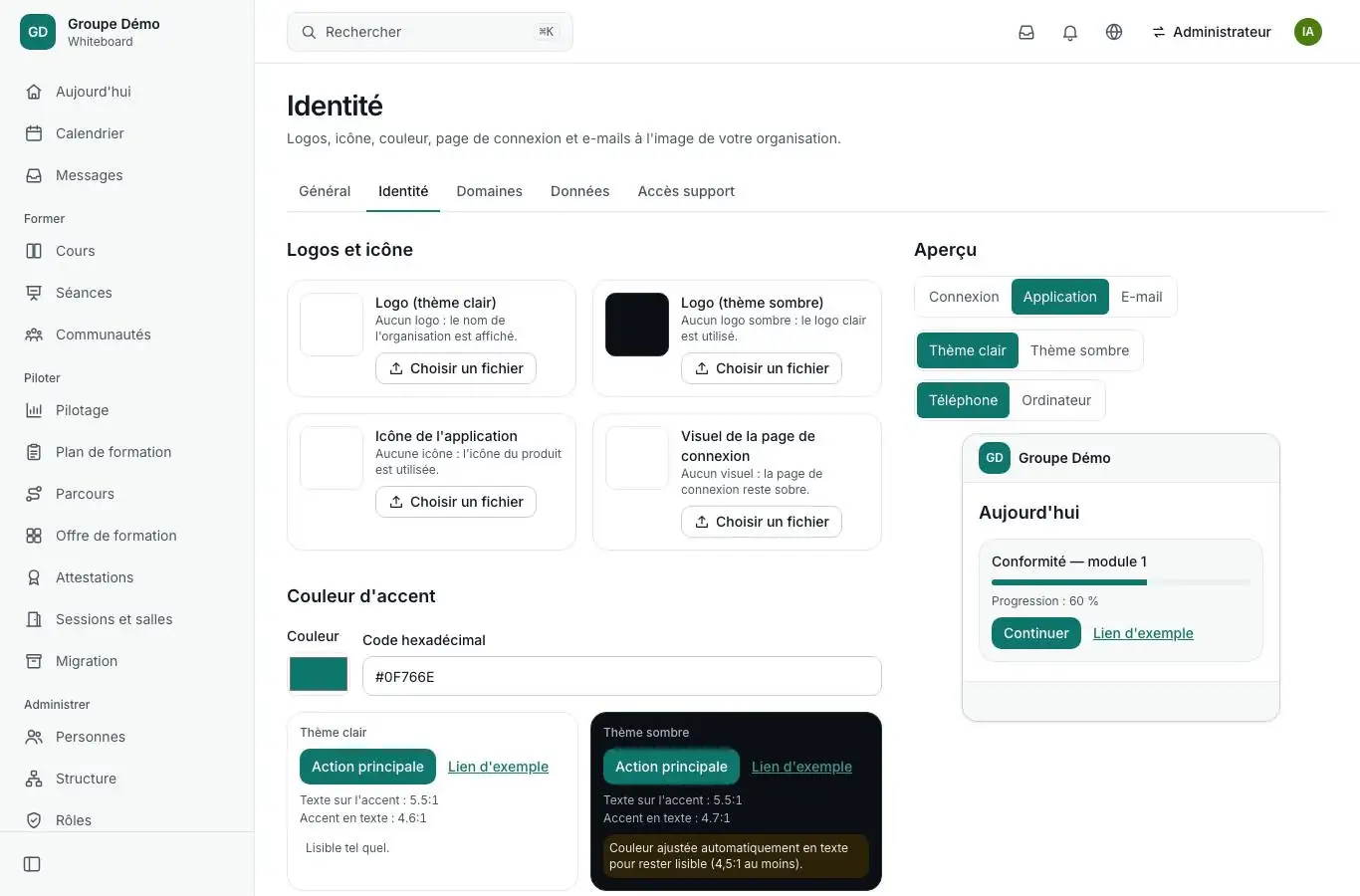 Écran Paramètres : identité de l'organisation, logo et couleur d'accent.