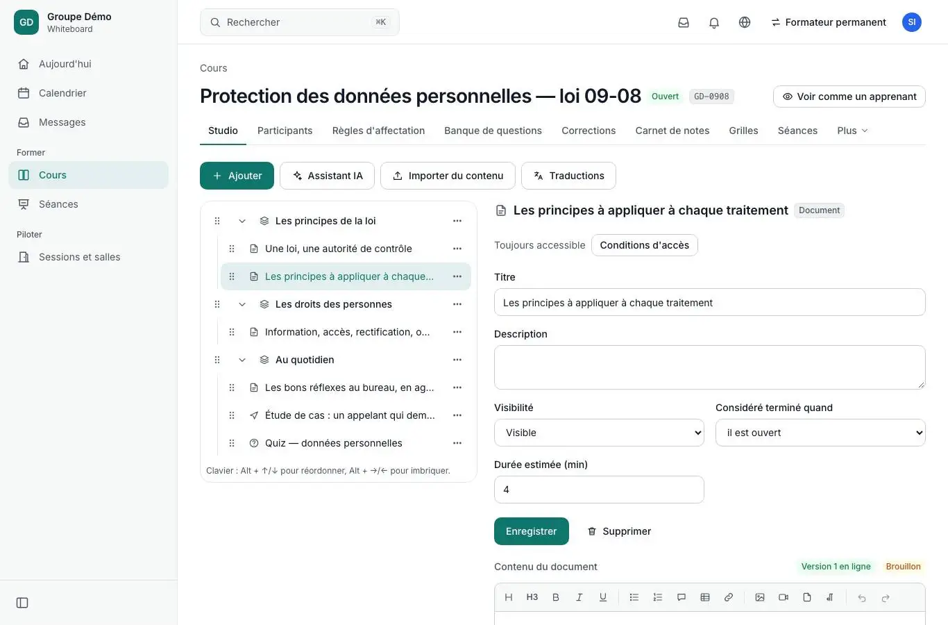 Le Studio : le plan du cours, l'ajout de contenus et l'assistant IA.
