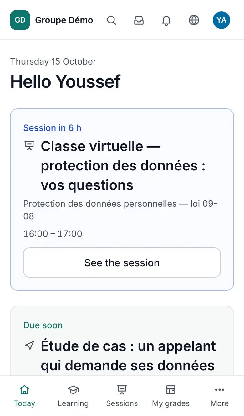 An employee's Today screen on a phone, in English.
