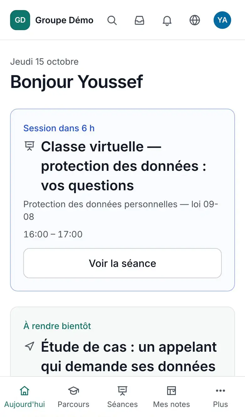 L'écran Aujourd'hui d'un collaborateur sur téléphone, en français.